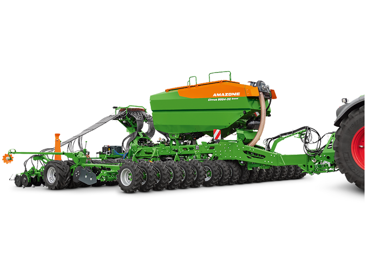 Billede af en grøn og orange såmaskine af mærket amazone